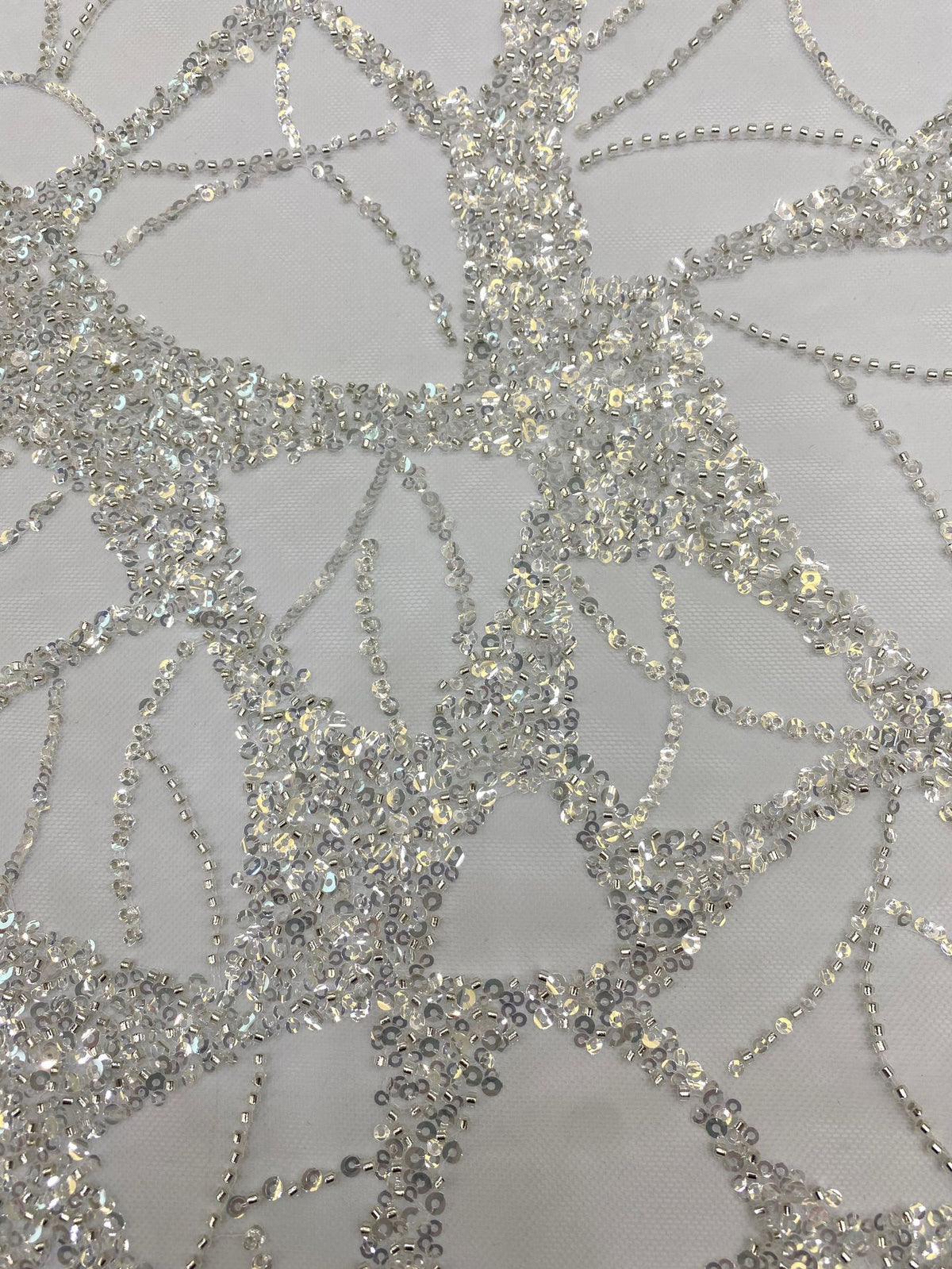3/4 mm Crystal-Look Sequin & Silver-Bead Embroidered Bridal Fabric – Design 64831 — fabric photo 3