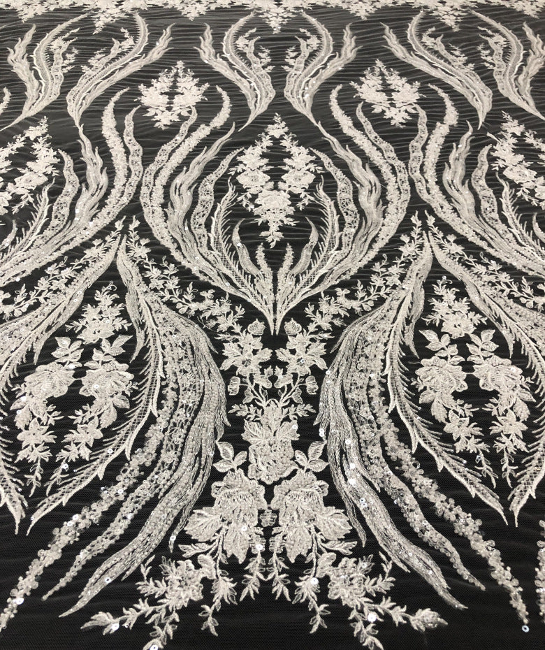 Lotus Floral Bead & 2/4 mm Sequin Embroidered Fabric — fabric photo 2
