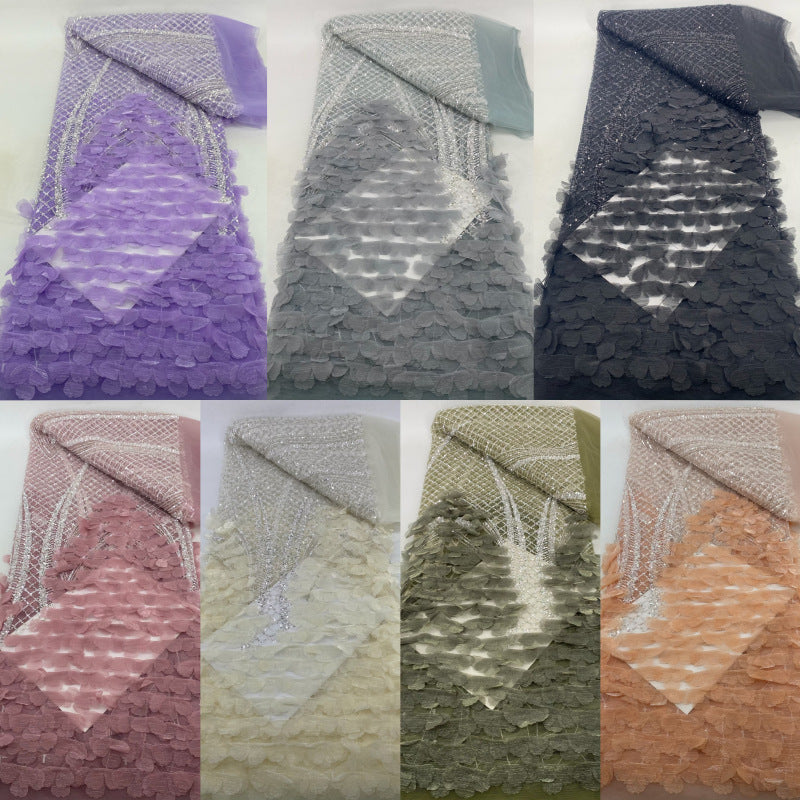 Hand-Sewn 3D Floral Bugle Bead and Sequin Fabric - 43932