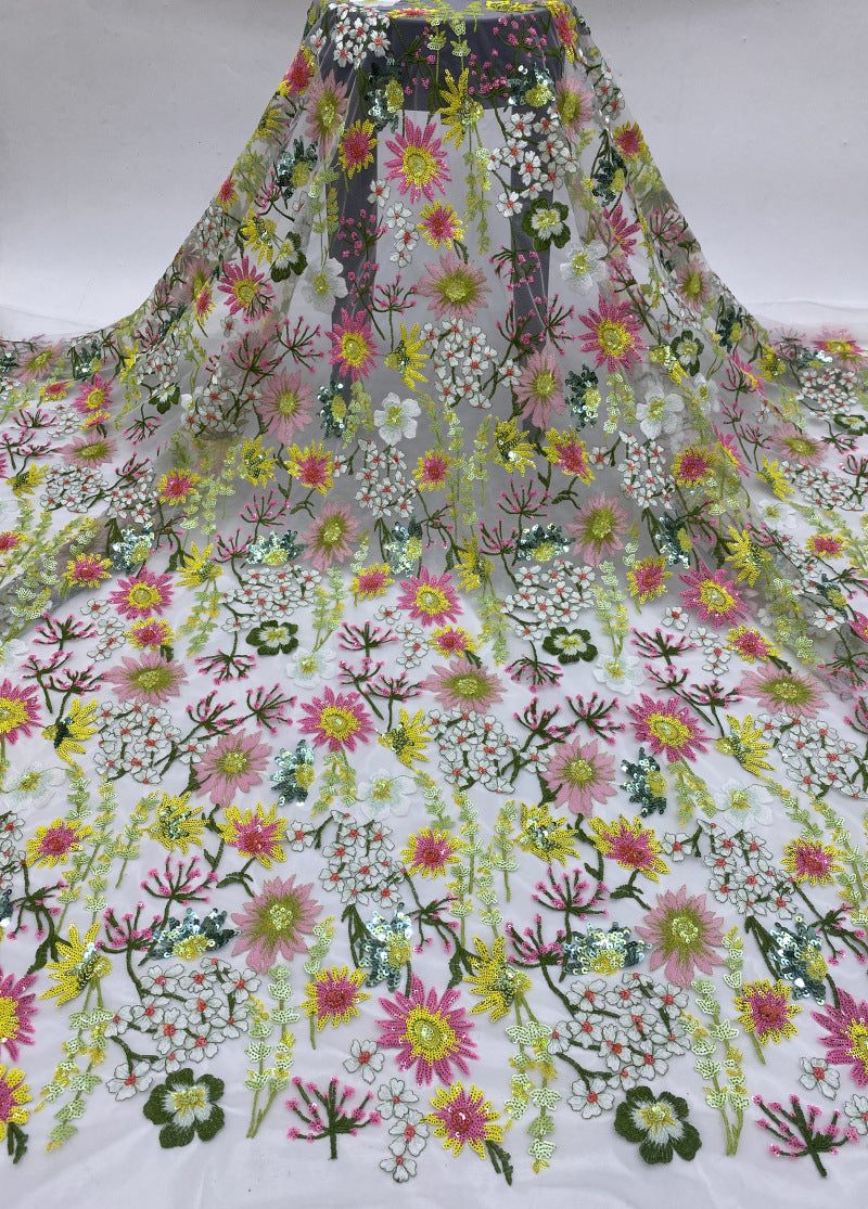 Multicolor Thread and Sequin Flat Embroidery Fabric