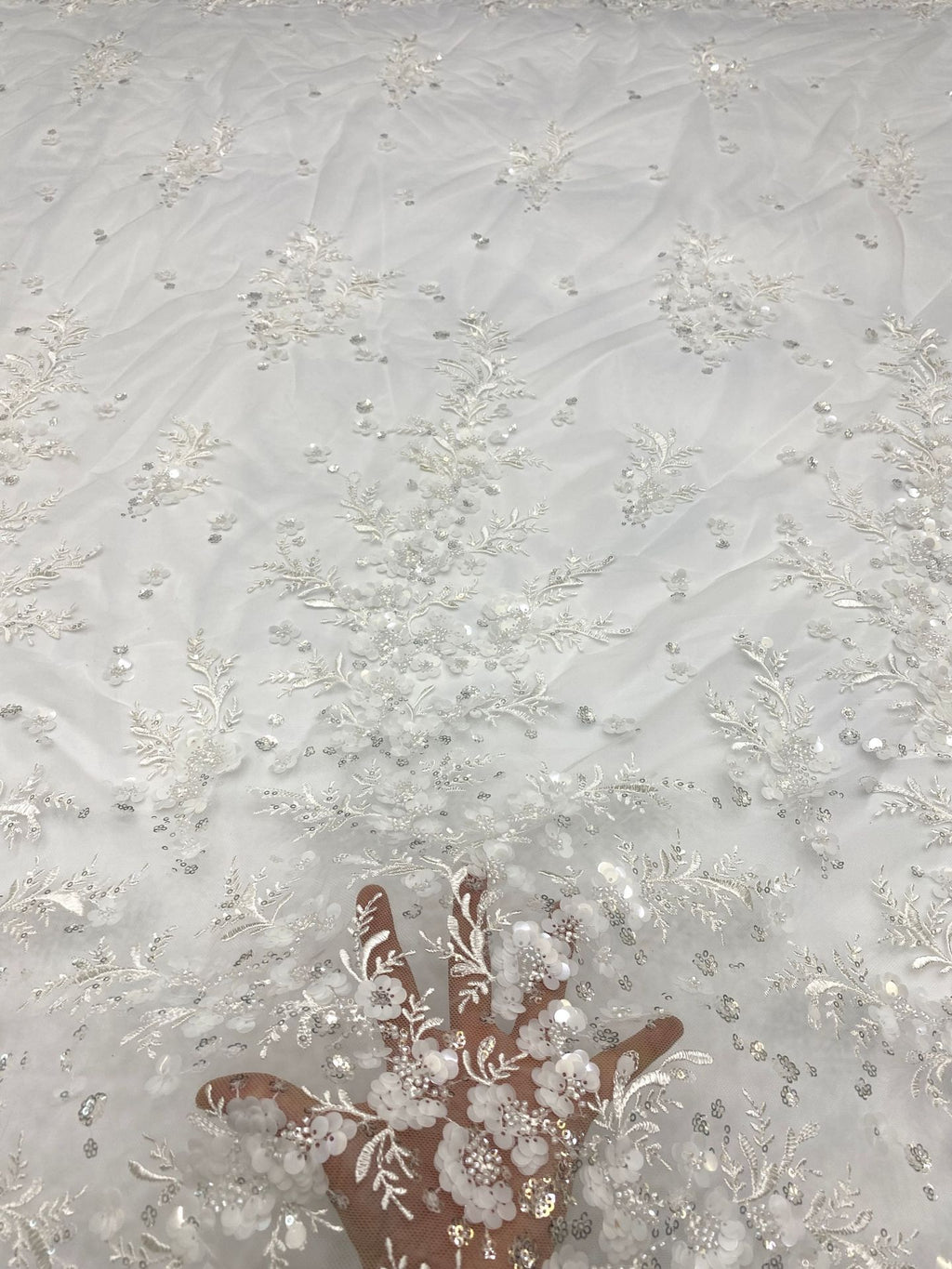 3D White-Core Bead and Sequin Embroidered Fabric — fabric photo 4