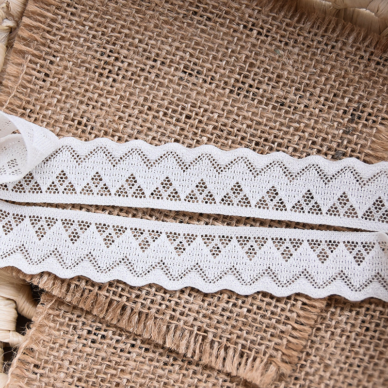 Close-up of white openwork geometric lace trim showing scalloped zigzag pattern