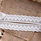 Close-up of white openwork geometric lace trim showing scalloped zigzag pattern