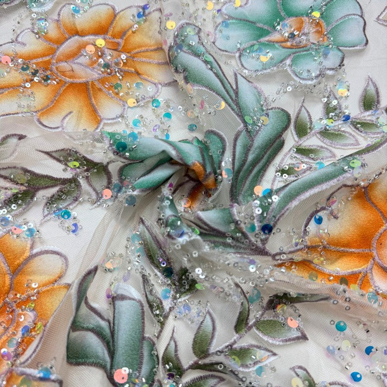 European Floral Printed Bugle Bead Embroidered Fabric – Per Yard