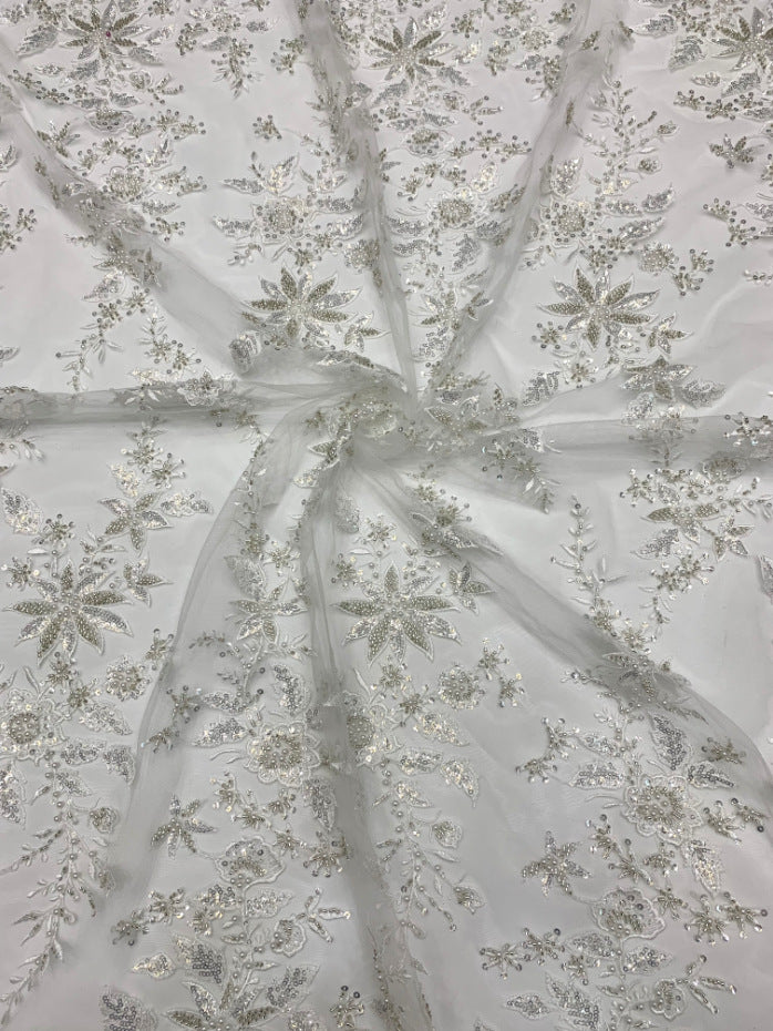 3/4 mm Crystal-Look Sequin & Double-Bead Embroidered Bridal Fabric — fabric photo 6