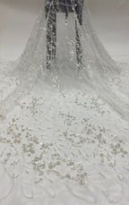 Draped ivory mesh fabric with silver beads and small sequined floral motifs