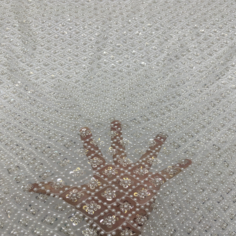 Fine Crystal-Look Sequin & Bubble-Bead Embroidered Bridal Fabric — fabric photo 2