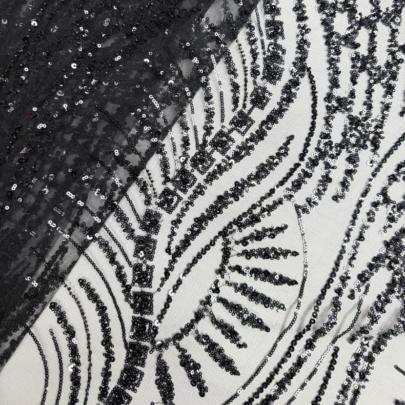 Sequin & Bugle-Bead Embroidered Tulle Mesh Fabric – Design 63199