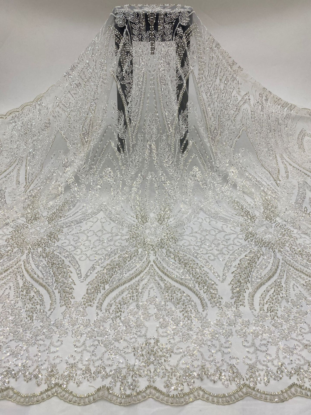 Heavy 3/4 mm Sequin & Bugle-Bead Embroidered Bridal Fabric – Design 94207