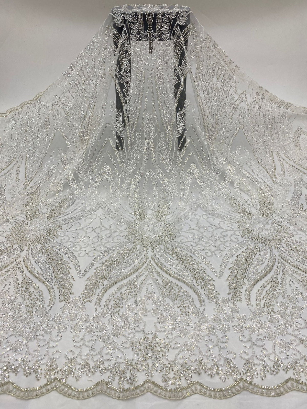 Heavy 3/4 mm Sequin & Bugle-Bead Embroidered Bridal Fabric – Design 94207