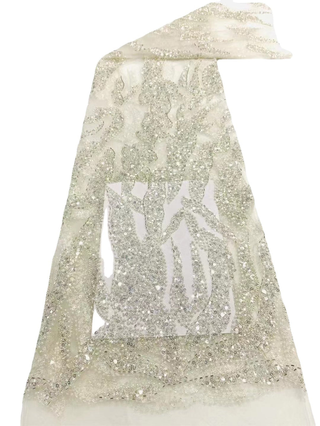 Heavy Diamond Grid 3/5 mm Crystal-Look Sequin & Triple-Bead Embroidered Bridal Fabric — fabric photo 5