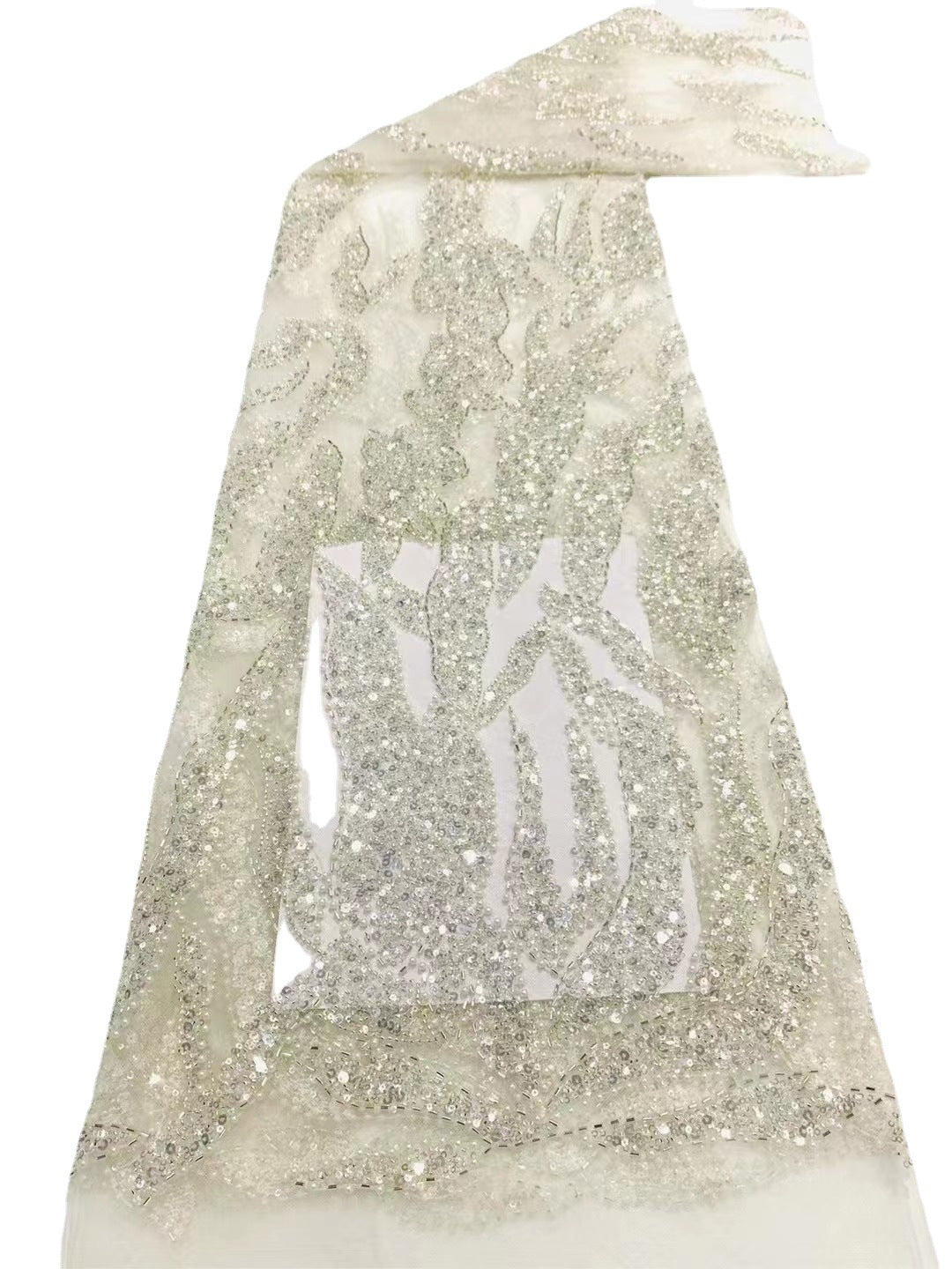 Heavy Diamond Grid 3/5 mm Crystal-Look Sequin & Triple-Bead Embroidered Bridal Fabric — fabric photo 5