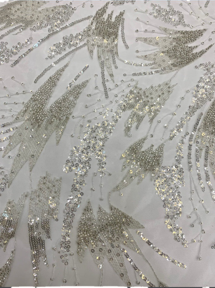 3/4 mm Crystal-Look Sequin & Silver-Bead Embroidered Bridal Fabric – Design 30047 — fabric photo 3