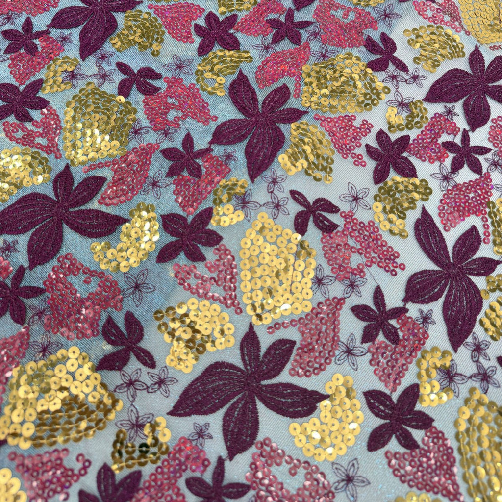 Multicolor Leaf & Sequin Embroidered Mesh Fabric – Per Yard