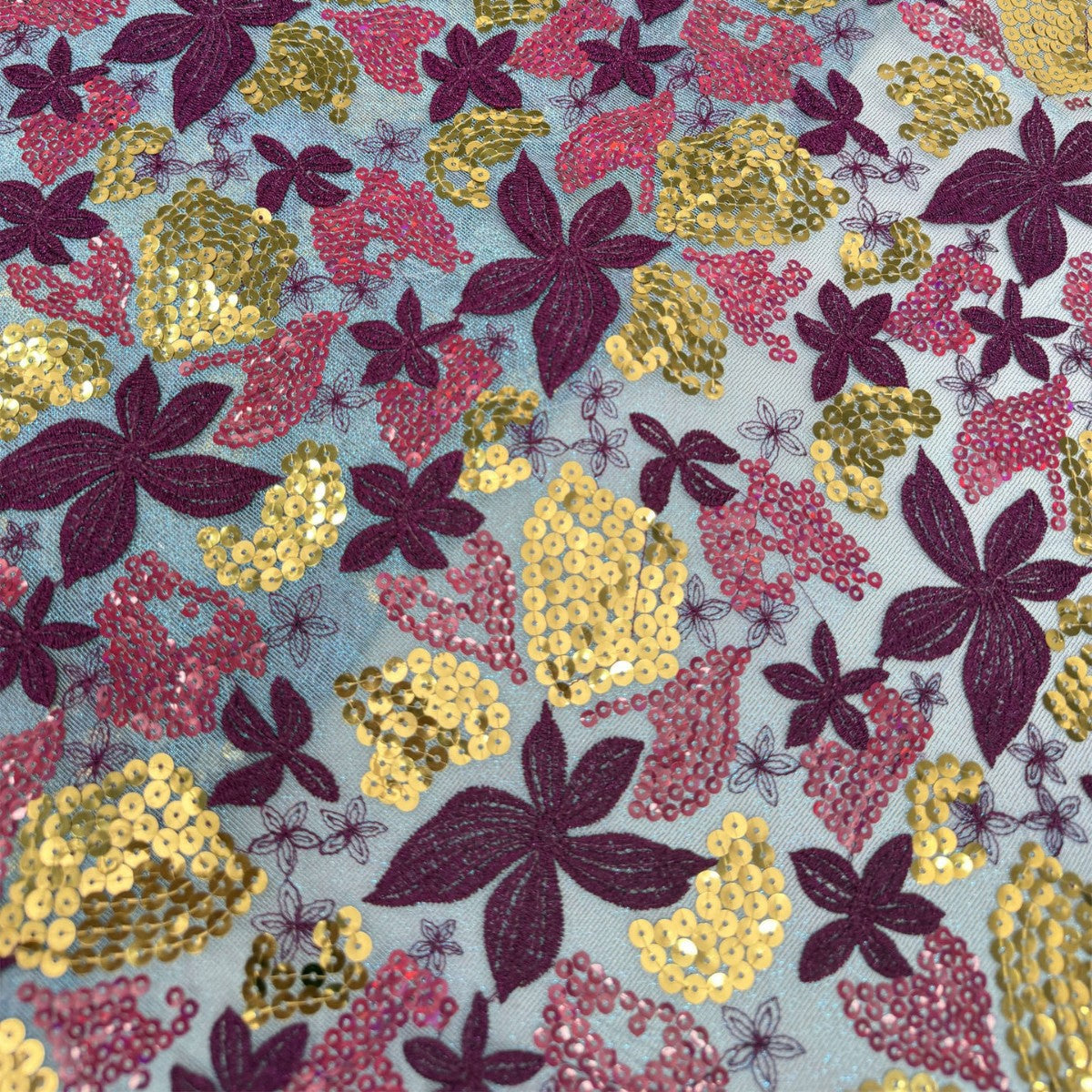 Multicolor Leaf & Sequin Embroidered Mesh Fabric – Per Yard