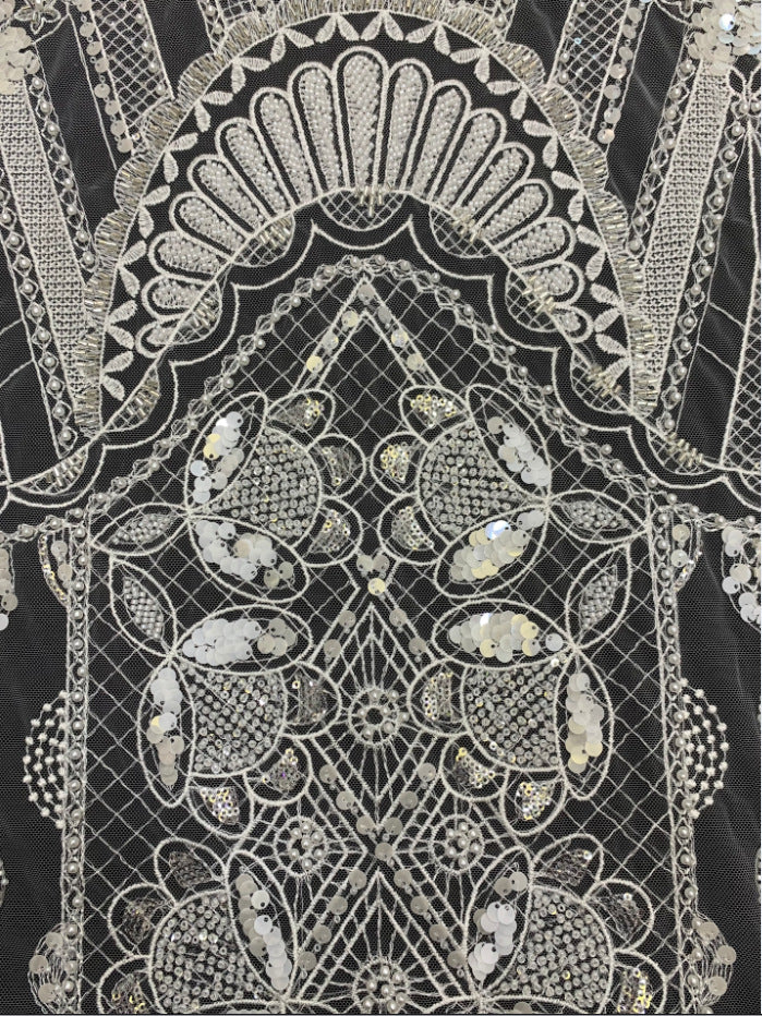 Fine 3/7 mm Sequin & Triple-Bead Embroidered Bridal Fabric — fabric photo 2