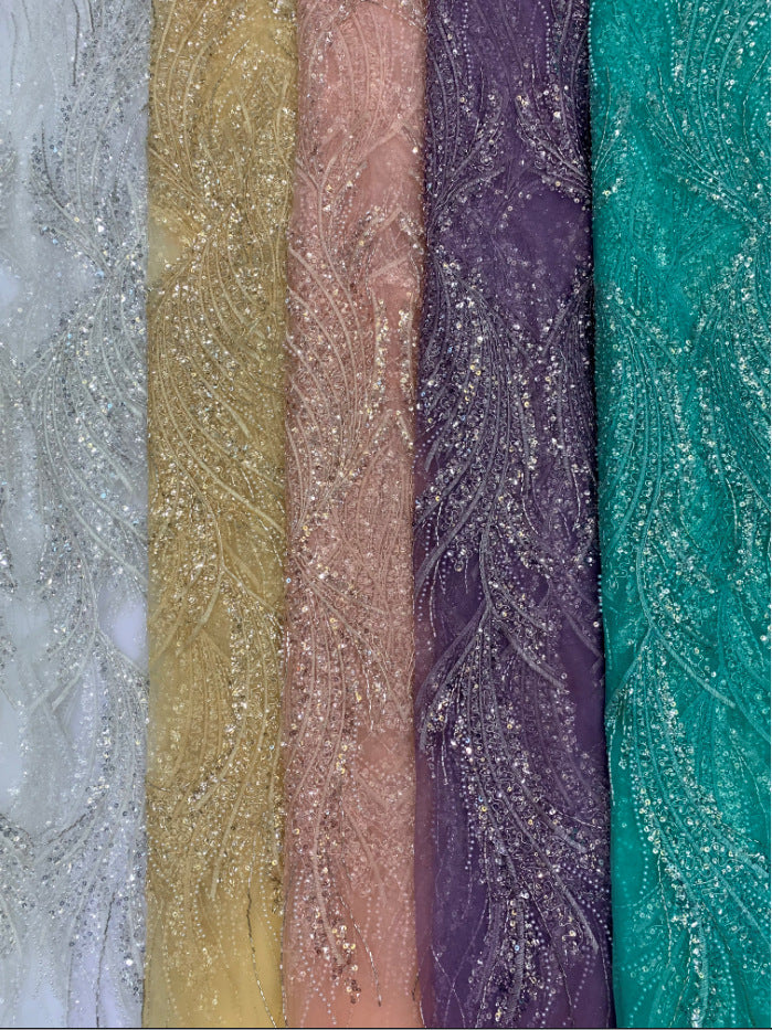 Heavy 3/5 mm Crystal-Look Sequin & Triple-Bead Embroidered Bridal Fabric – Design 71903 — fabric photo 2