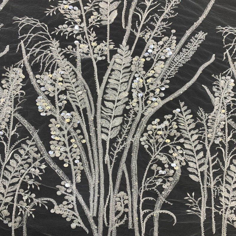 3D 3/7 mm Sequin & White-Core Bead Embroidered Bridal Fabric – Design 14847 — fabric photo 2