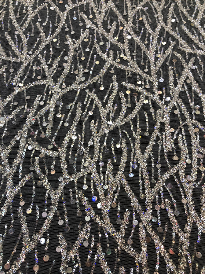 Fine 3/7 mm Crystal-Look Sequin & Silver-Bead Embroidered Bridal Fabric — fabric photo 5