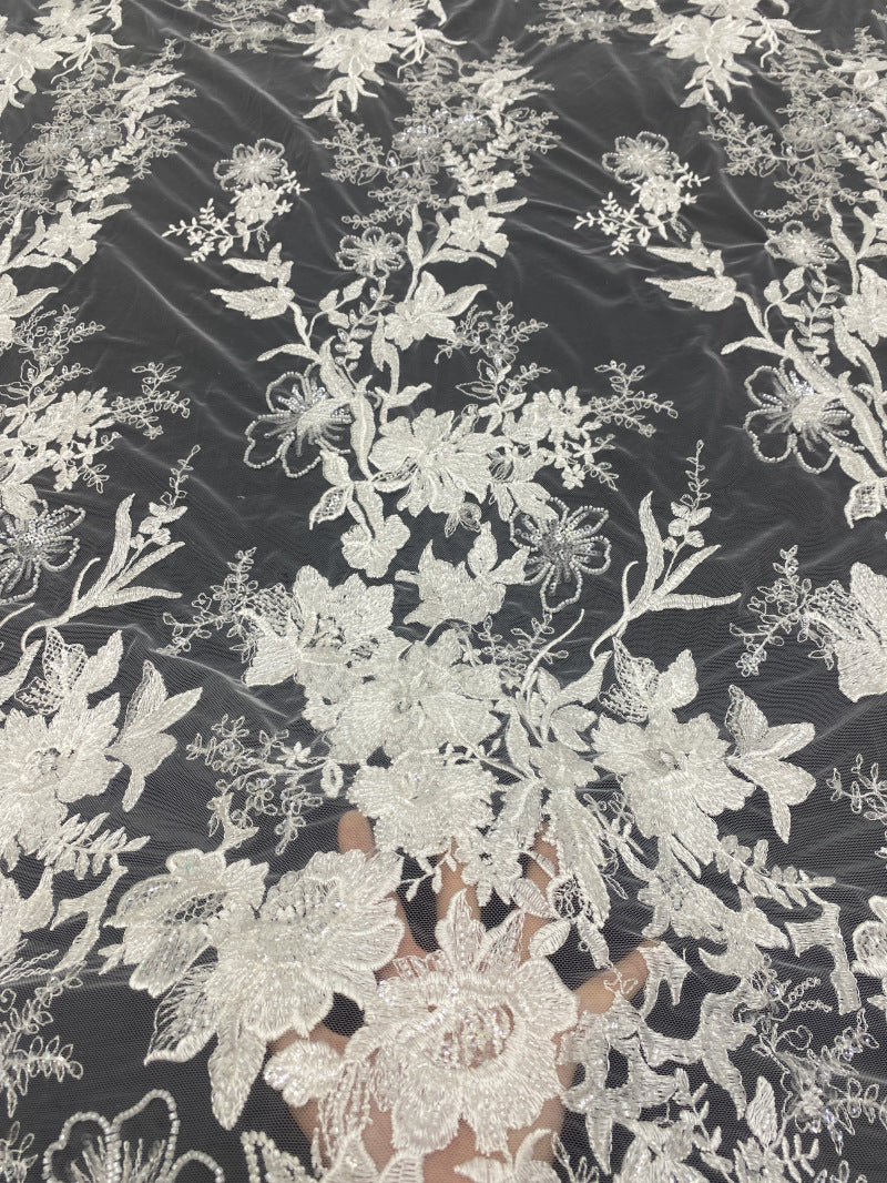 White-Core Bead & 4mm Sequin Bridal Fabric — fabric photo 2