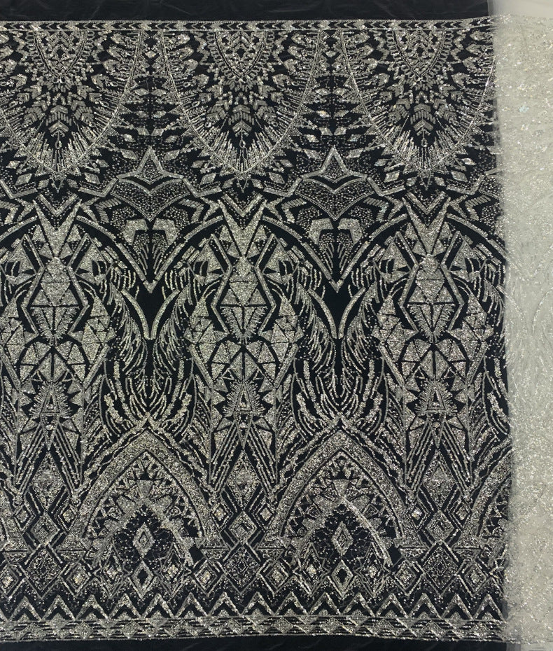 Vintage Silver Bead & 3/4 mm Crystal Sequin Fabric — fabric photo 6