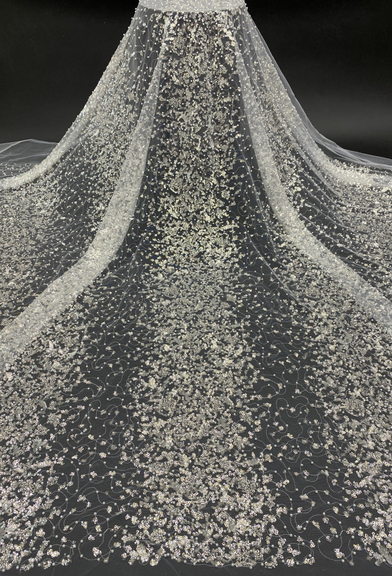 3D Double Bead & Crystal Sequin Embroidery Fabric