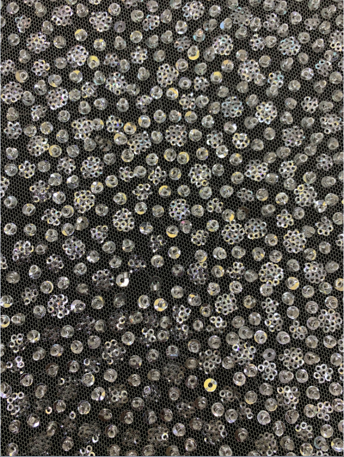2/4 mm Crystal-Look Sequin & Silver-Bead Embroidered Tulle Mesh Fabric — fabric photo 4