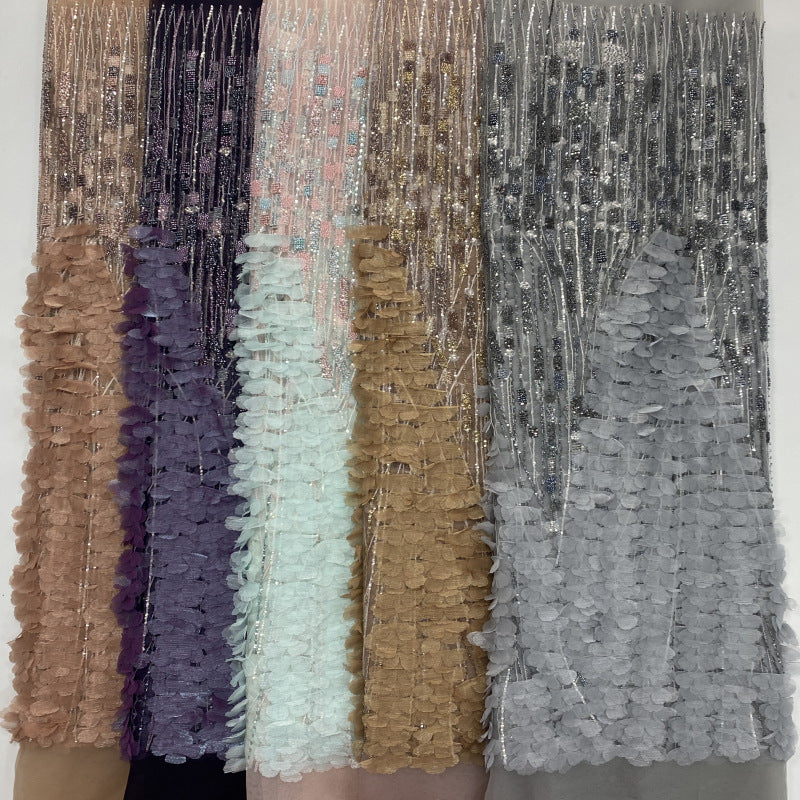 3D Hand-Sewn Floral Bead and Sequin Embroidered Fabric — fabric photo 5