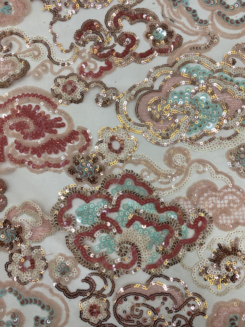 Pink Auspicious Cloud Colorful Sequin Fabric — fabric photo 4