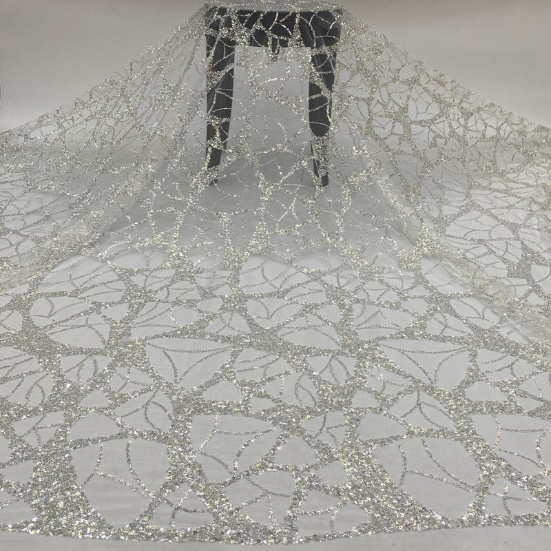 3/4 mm Crystal-Look Sequin & Silver-Bead Embroidered Bridal Fabric – Design 64831