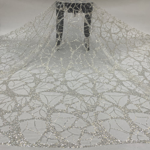 3/4 mm Crystal-Look Sequin & Silver-Bead Embroidered Bridal Fabric – Design 64831