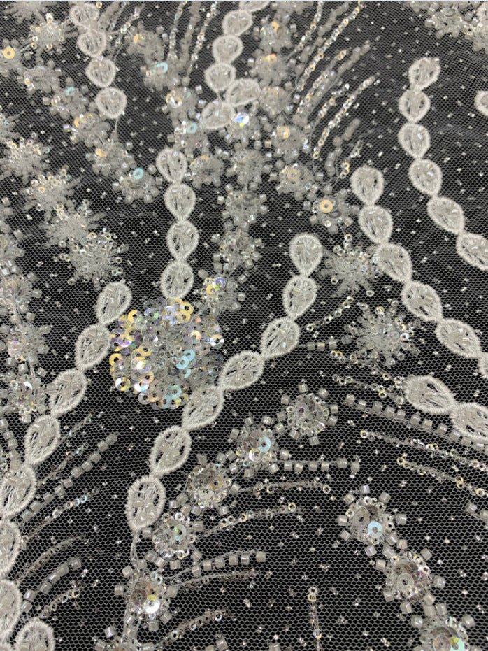2/4 mm Crystal-Look Sequin & Double-Bead Embroidered Bridal Fabric – Design 19455 — fabric photo 4