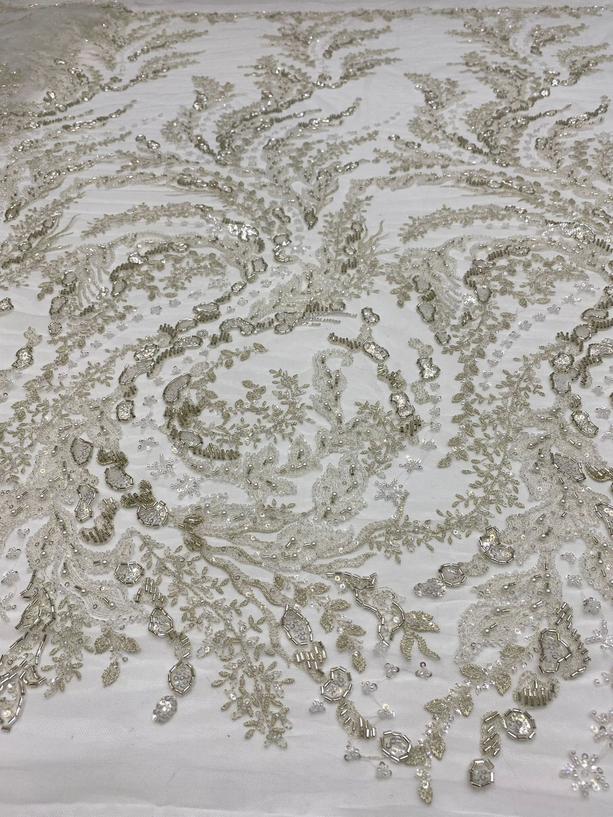 Silver-White Thread Triple-Bead & 3 mm Sequin Fabric — fabric photo 2