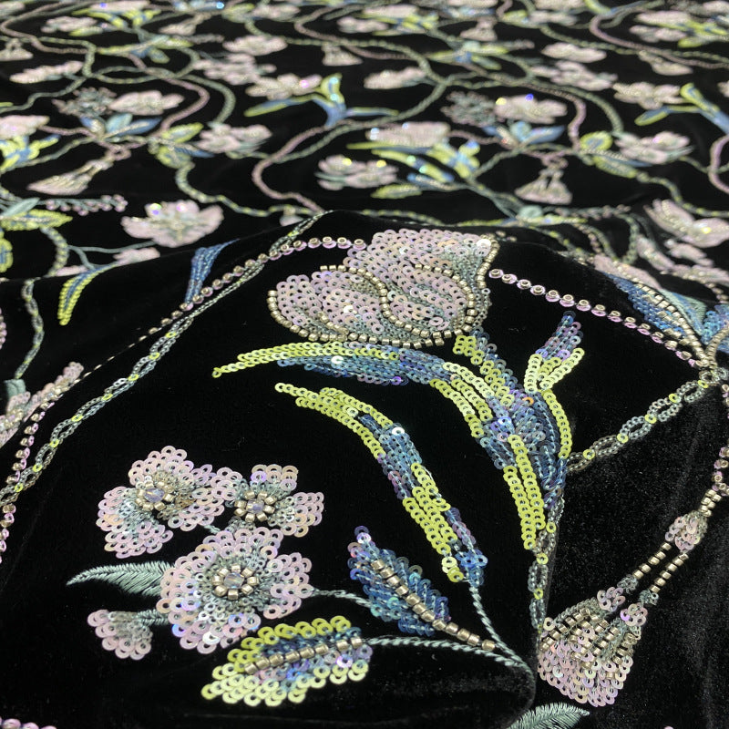 Velvet Embroidered Fabric with Beads and Sequins — fabric photo 3