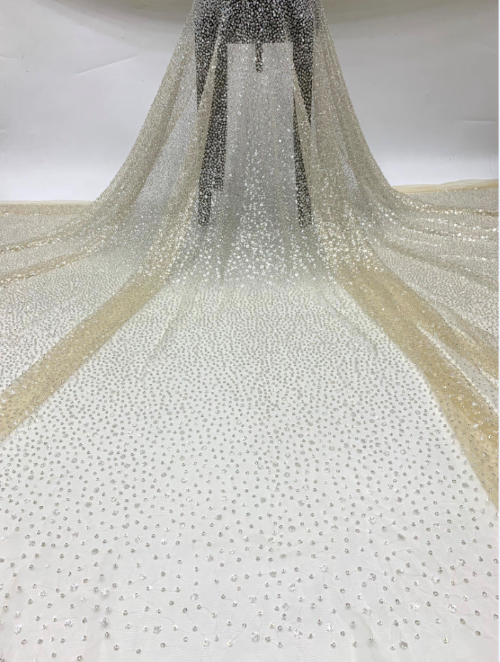 2/4 mm Crystal-Look Sequin & Silver-Bead Embroidered Tulle Mesh Fabric — fabric photo 6