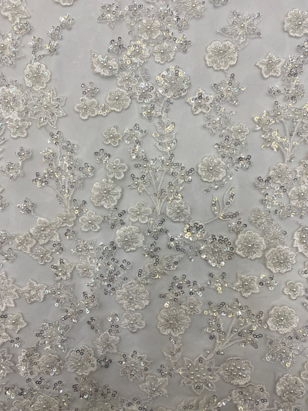 3D Symmetrical Floral Foam Bead & 3mm Sequin Fabric — fabric photo 4