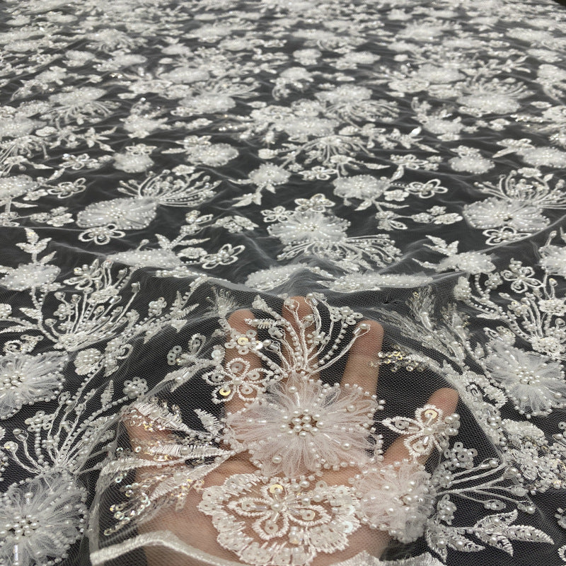 Botanical Sequin & Bugle-Bead Embroidered Bridal Fabric – Design 78815