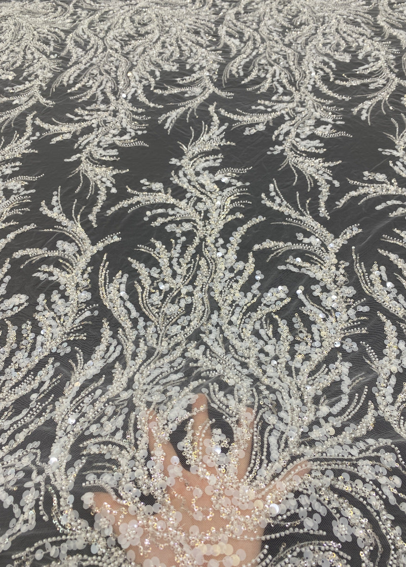 Positioned Floral Bead & 3/7mm Sequin Bridal Fabric — fabric photo 2