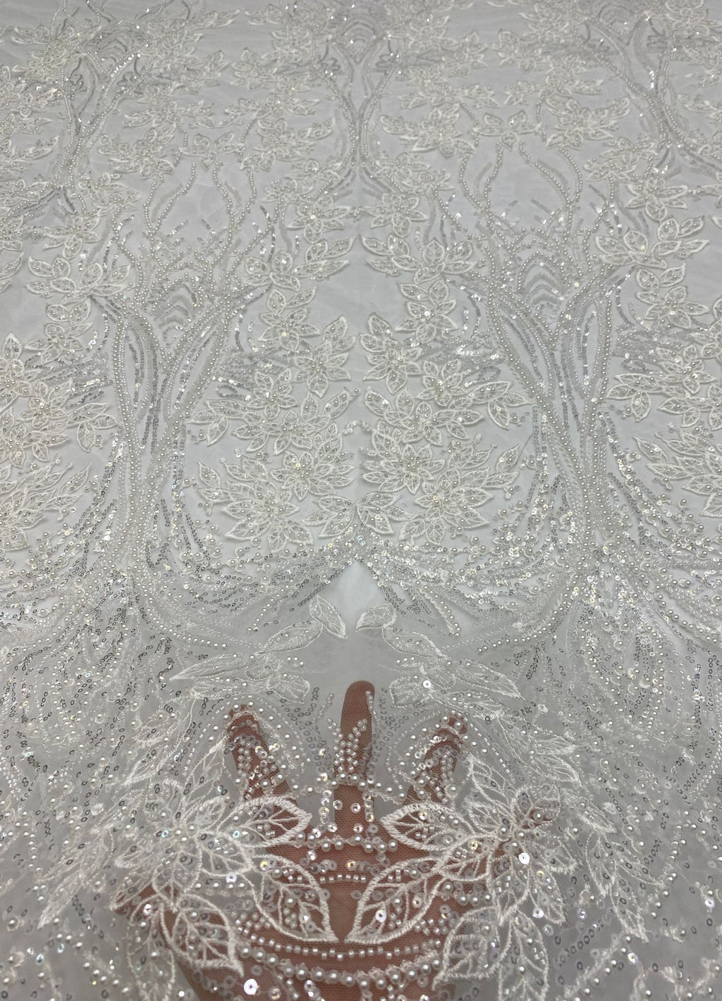White Core & Foam Bead 3/4mm Sequin Bridal Fabric — fabric photo 4