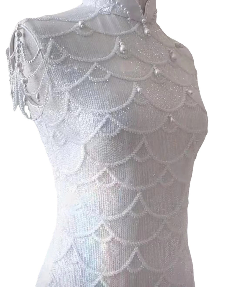 Fan-Motif White Bead and 5 mm Crystal Sequin Fabric — fabric photo 5