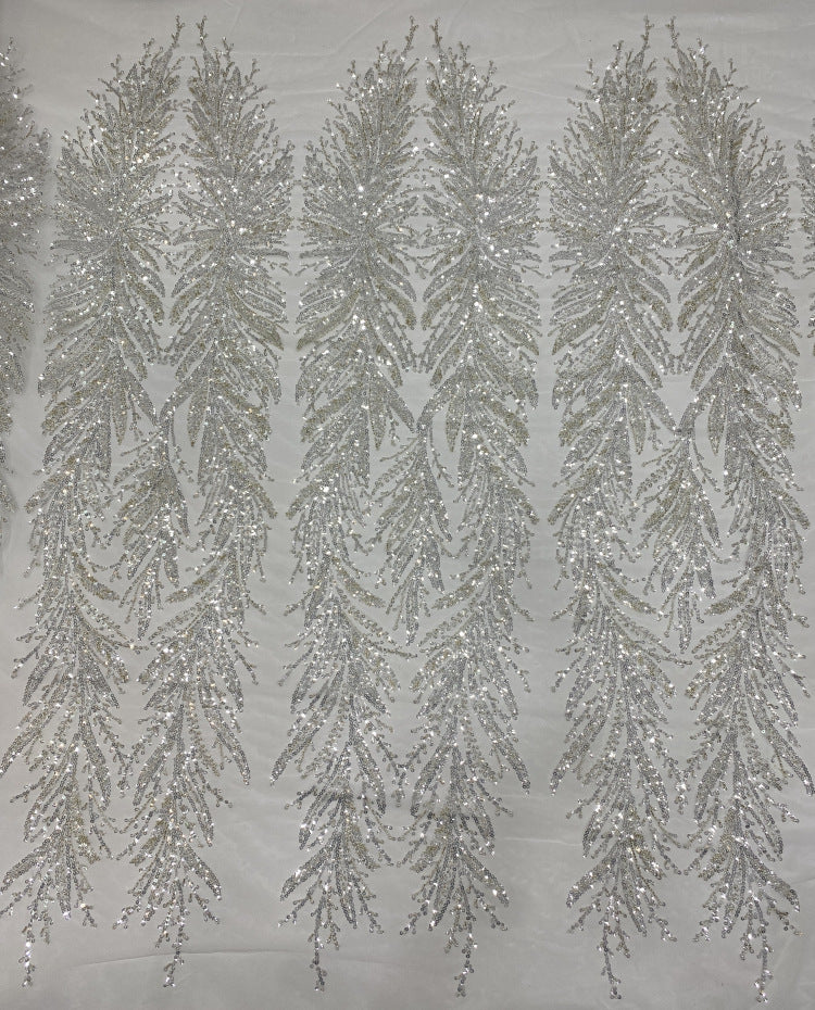 Silver Raised-Bead and 3/5 mm Crystal Sequin Bridal Fabric — fabric photo 3
