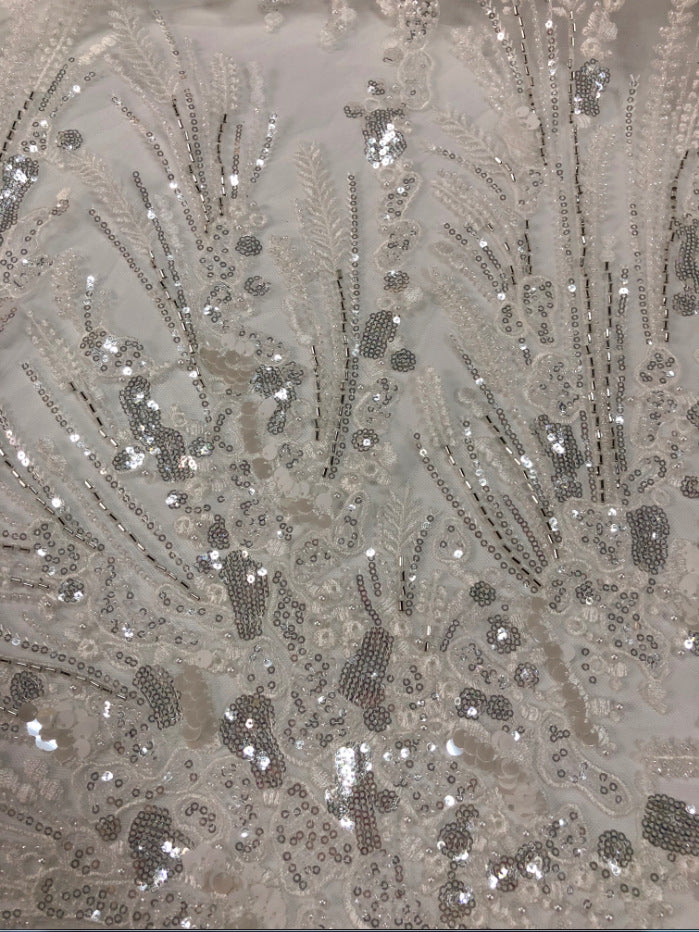 Heavy 3D 3/7 mm Sequin & Triple-Bead Embroidered Bridal Fabric — fabric photo 4