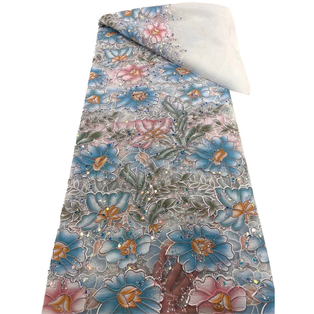 European Floral Printed Bugle Bead Embroidered Fabric – Per Yard — fabric photo 5