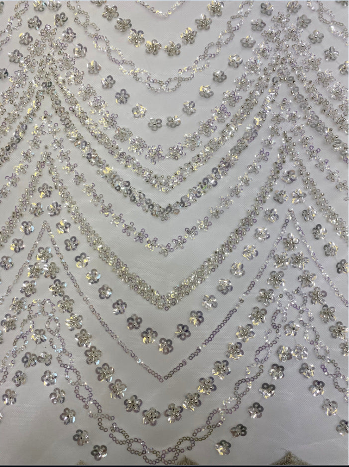 Wave 3/5 mm Crystal-Look Sequin & Silver-Bead Embroidered Bridal Fabric – Design 38527 — fabric photo 3