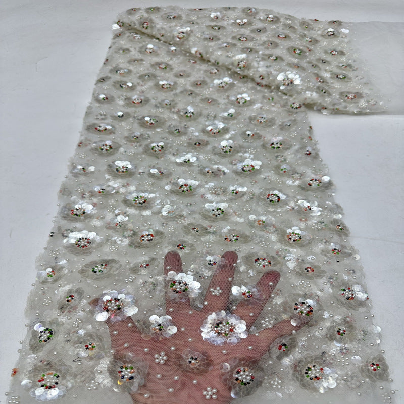 Small Floral Double Bead 7/9mm Sequin Bridal Fabric