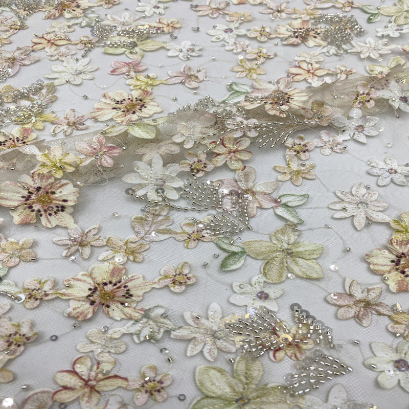 Floral Printed Bead Sequin Embroidery Fabric — fabric photo 4