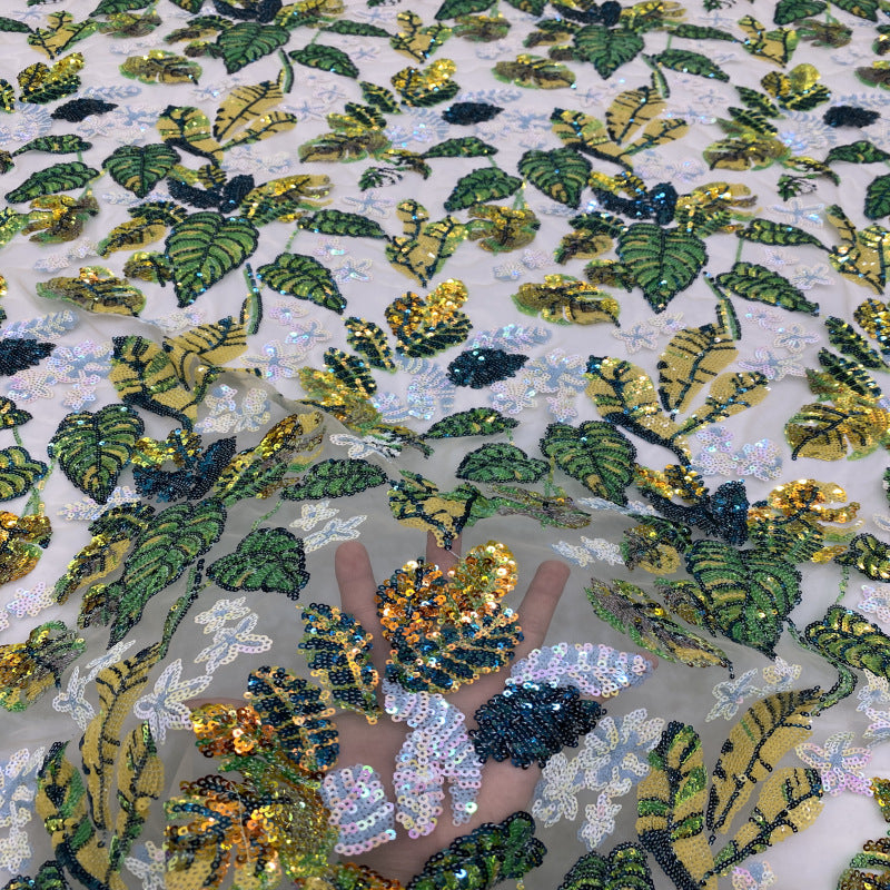 Floral Leaf Colorful Sequin Embroidery Fabric — fabric photo 3