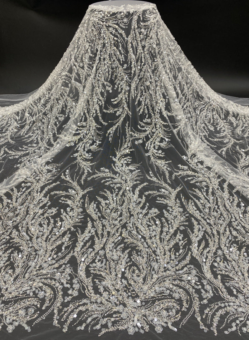 Positioned Floral Bead & 3/7mm Sequin Bridal Fabric