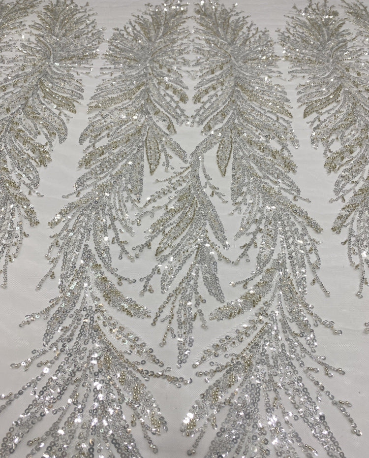 Silver Raised-Bead and 3/5 mm Crystal Sequin Bridal Fabric — fabric photo 6