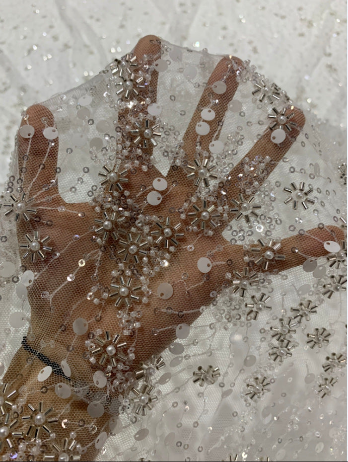 Heavy 3/7 mm Sequin & Triple-Bead Embroidered Bridal Fabric – Design 12735 — fabric photo 2